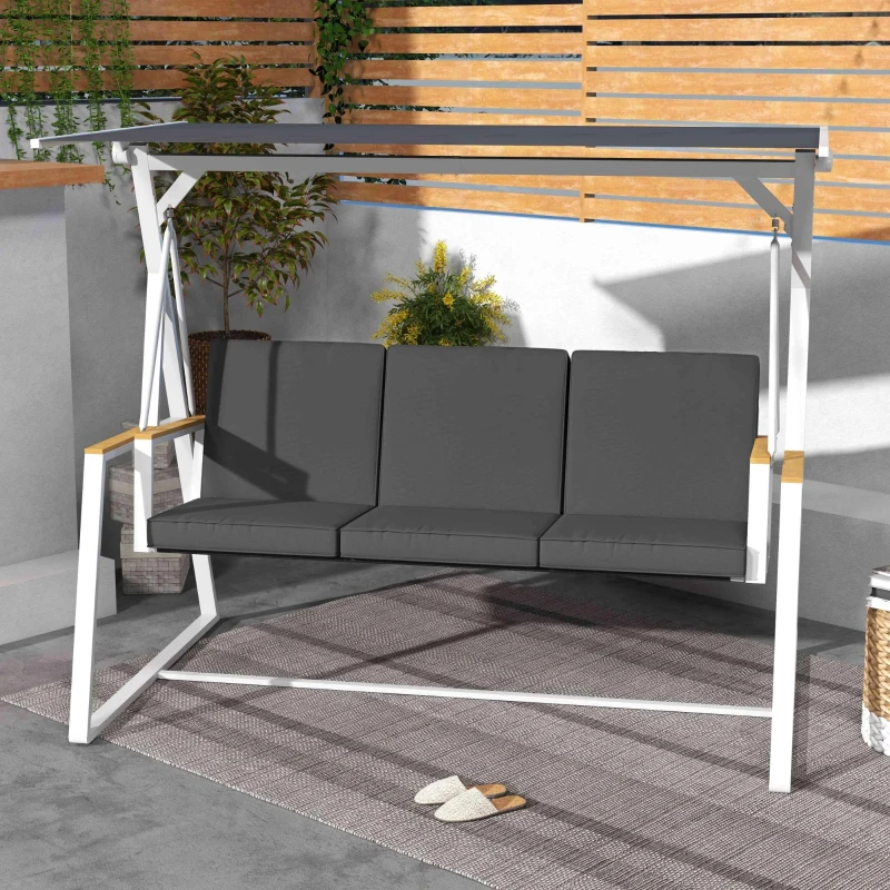 Outsunny Balanço de jardim 3 lugares com toldo inclinação ajustável colchão fornecido dim. 205L x 130l x 175H cm cinza escuro