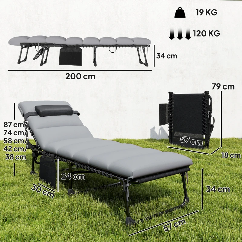 Outsunny Lot de 2 Bain de Soleil Chaise Longue Jardin avec Matelas 9cm Pliable Dossier Réglable 5 Positions Appui-tête 200cm Gris