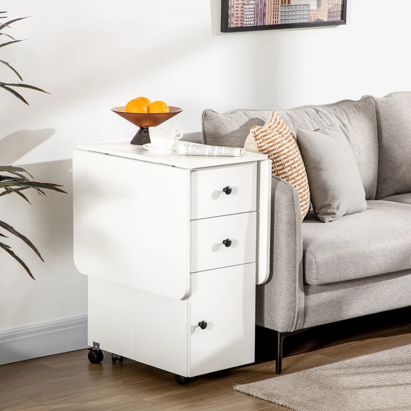 HOMCOM Mesa Plegable con Ruedas y Alas Abatibles Mesa Auxiliar Multifuncional con Almacenaje 120x60x76,5 cm Blanco