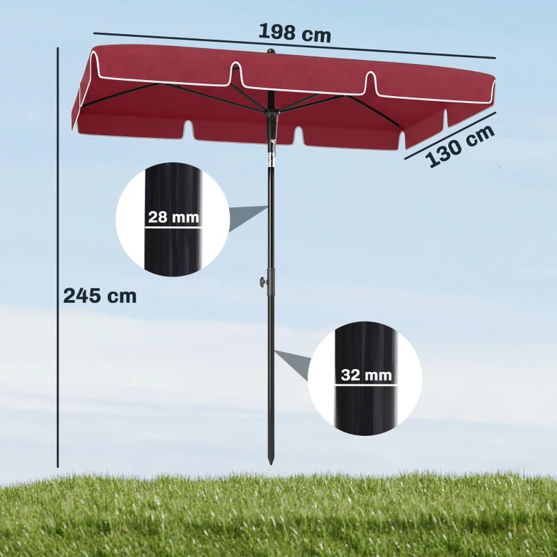 Outsunny Guarda-sol de jardim Guarda-sol reto retangular inclinável alumínio metal poliéster de alta densidade 200 x 130 cm vermelho