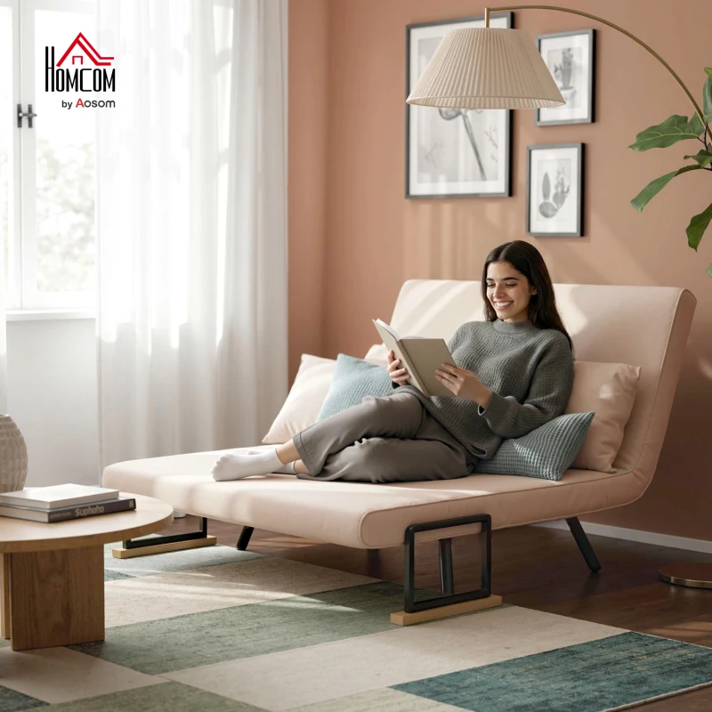 HOMCOM Sleeper Sofa 2-Seater Sofa Velvet Sofa, Sleeper Function, incl. 2 Pillows, Velvety Look, Beige