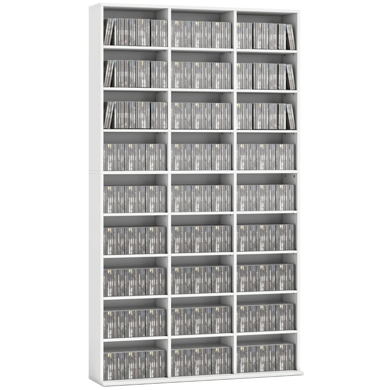 HOMCOM Raft pentru 835 CD-uri sau 500 DVD-uri, raft media Blu-ray cu 27 compartimente și 21 polițe reglabile, Alb