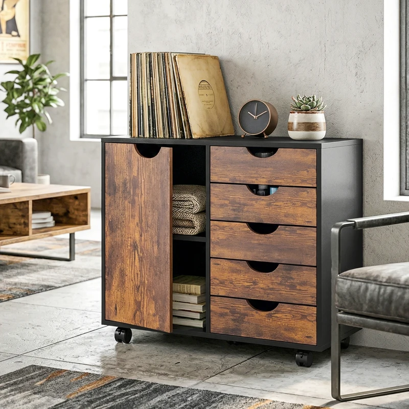HOMCOM Meuble de rangement pour bureau 5 tiroirs 1 porte étagère réglable, support imprimante roulettes, 78x40x66,5 cm, marron