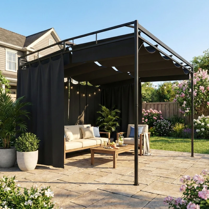 Outsunny Pergola de Jardin Tonnelle de Terrasse avec Toit Rétractable Rideaux et Système de Poulie 3x3m Gris Anthracite