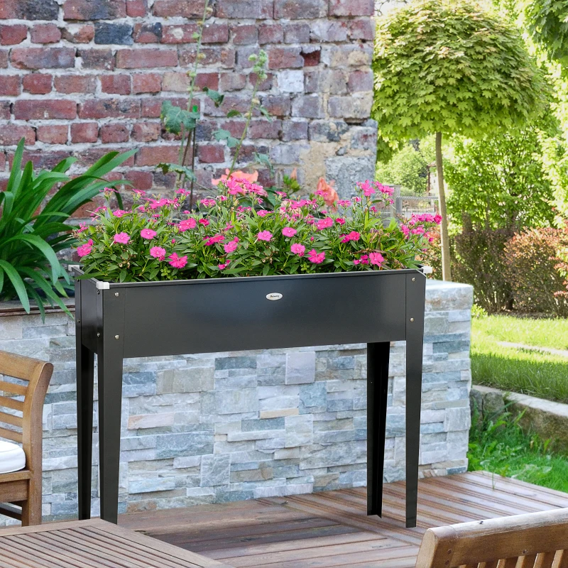 Outsunny Jardineira elevada quadrada horta com orifício de drenagem aço galvanizado 100 x 30 x 80 cm preto