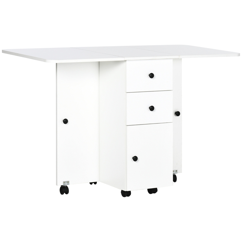 HOMCOM Mesa Plegable con Ruedas y Alas Abatibles Mesa Auxiliar Multifuncional con Almacenaje 120x60x76,5 cm Blanco