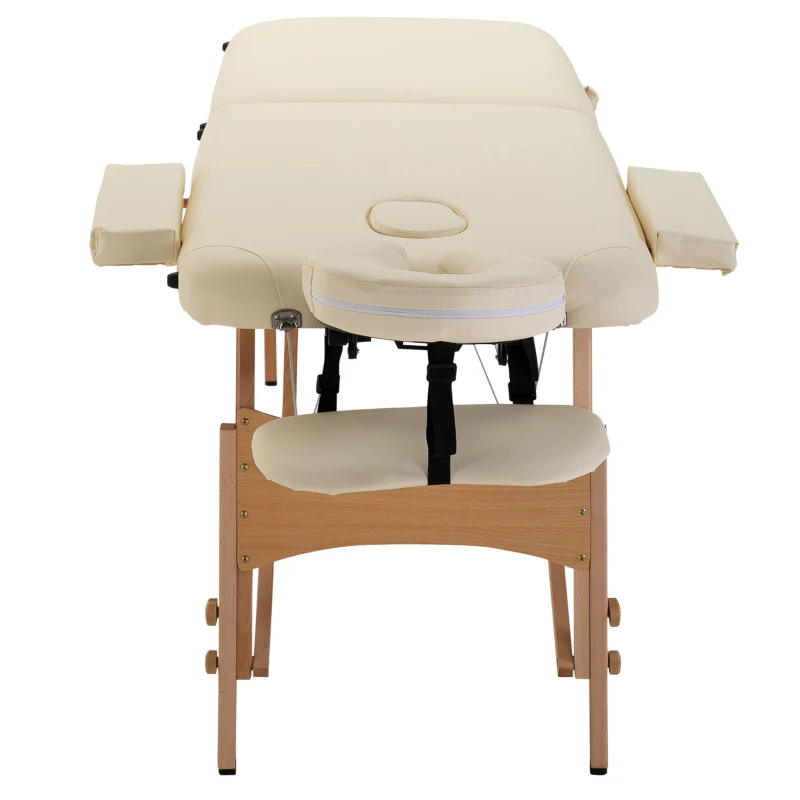 HOMCOM Portable Massage Bed, Foldable Spa Beauty Massage Table with 2 Sections, Carry Bag and Wooden Frame, Cream White