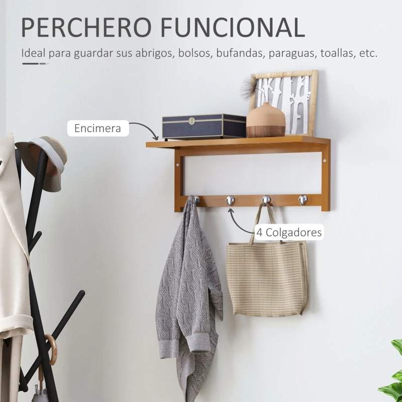 HOMCOM Perchero de Pared de Bambú Estante Toallero de pared 4 Ganchos para Entrada Salón Baño Pasillo Dormitorio 50x16x17,5 cm Carga 5kg