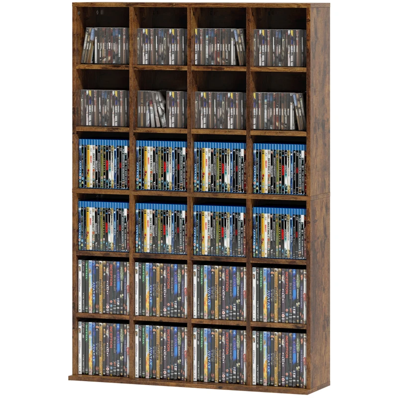 HOMCOM Mueble de Almacenamiento 456 CDs / 336 DVDs, Estantería Multimedia, 24 Compartimentos y 16 Estantes Ajustables, Marrón