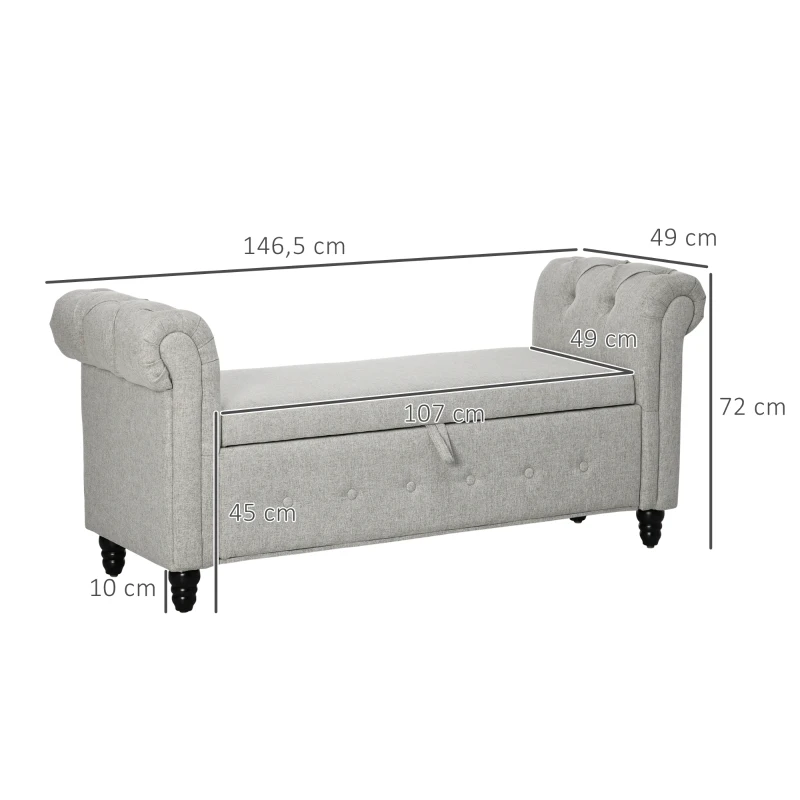 HOMCOM Banco banqueta baú 2 em 1 em tecido com aspecto de linho com pés em madeira 146,5 x 49 x 72 cm cinza