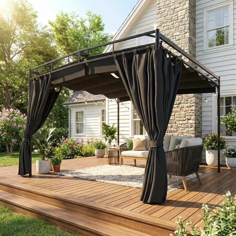 Outsunny Pergola de Jardin Tonnelle de Terrasse avec Toit Rétractable Rideaux et Système de Poulie 3x3m Gris Anthracite