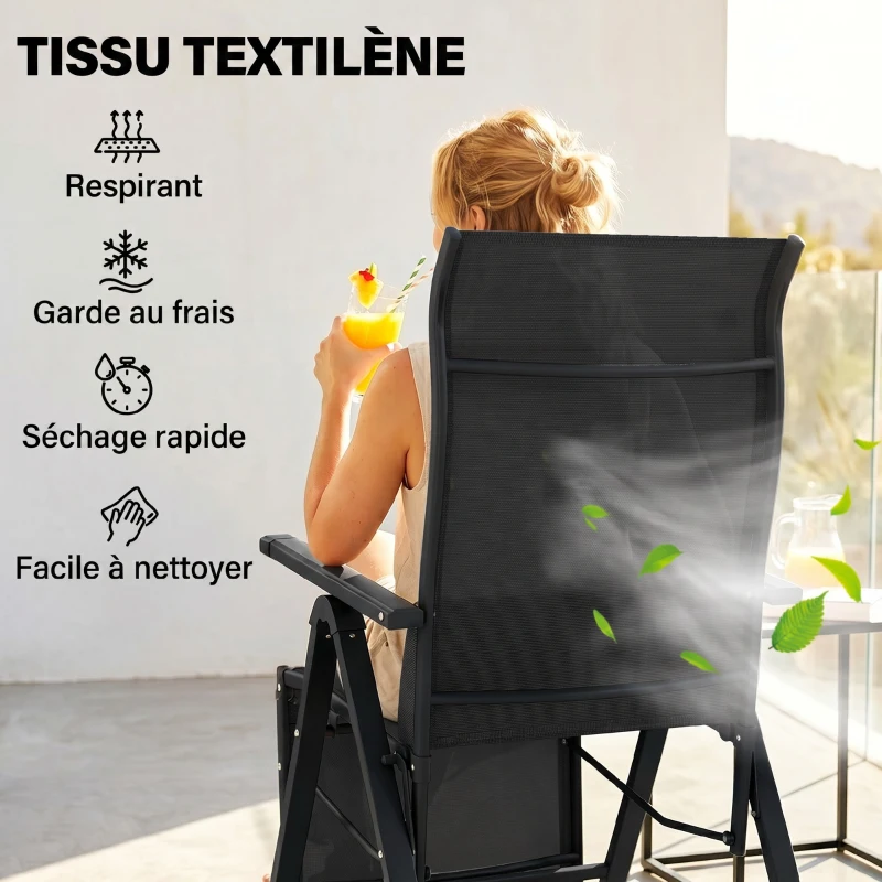 Outsunny Chaise longue pliable, transat bain de soleil inclinable avec dossier réglable sur 9 positions, coussin lombaire, noir