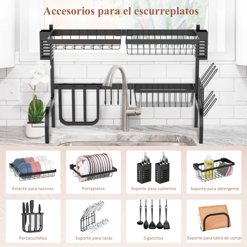 HOMCOM Escurreplatos de Acero de 2 Niveles para Fregadero con Diferentes Soportes y 5 Ganchos 65x31,5x52,5cm Negro