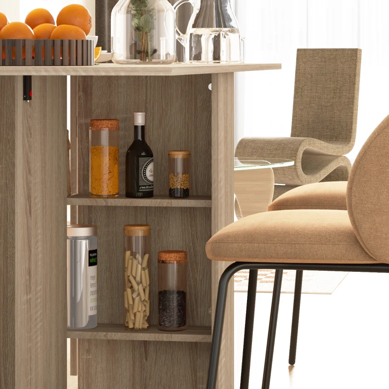 HOMCOM Mesa Plegable con 2 Alas Abatibles de Madera 2 Estantes y Ruedas para Cocina Comedor 75x140x74 cm Madera Natural