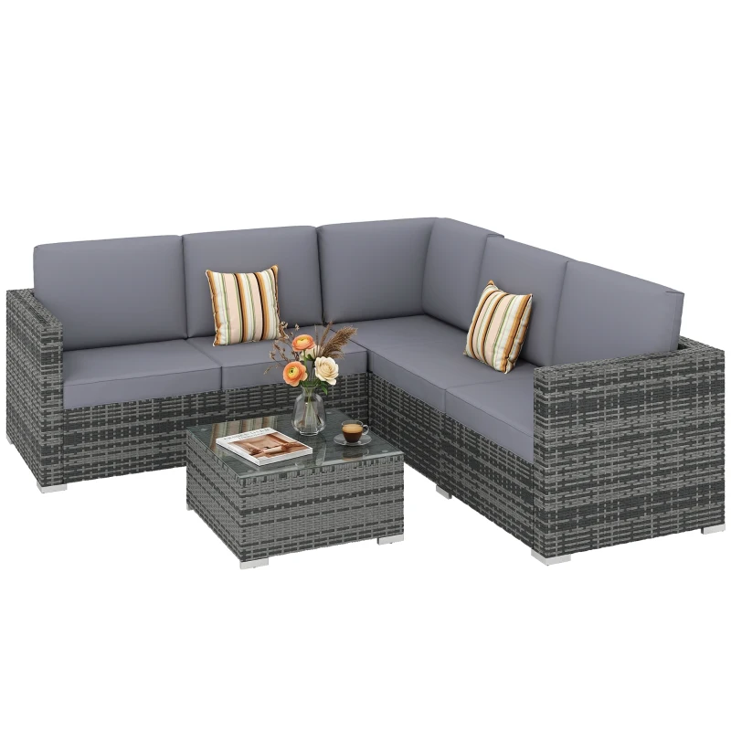 Outsunny 4 Pieces Rattan Garden Furniture Set, Wicker Outdoor Furniture Set with Corner Sofa Loveseat Coffee Table Cushions, Conservatory Furniture Set for Patio Balcony Poolside, Grey