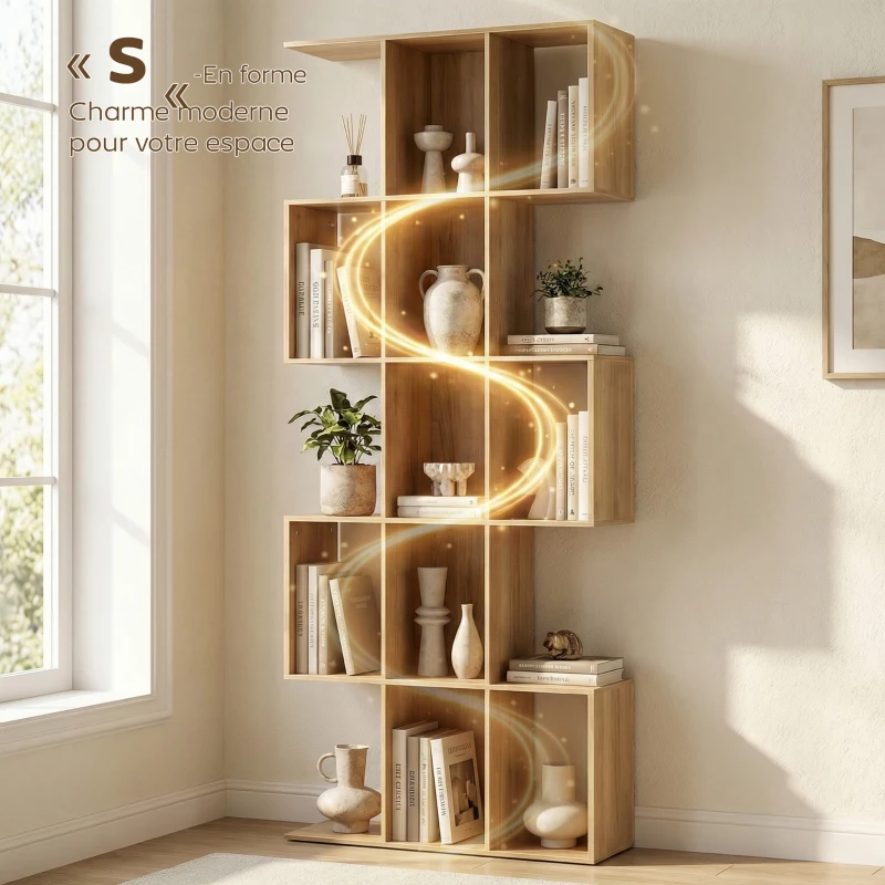 HOMCOM Bibliothèque à 5 niveaux, étagère de rangement en forme S avec 15 compartiments ouverts, 80 x 24 x 200 cm, chêne