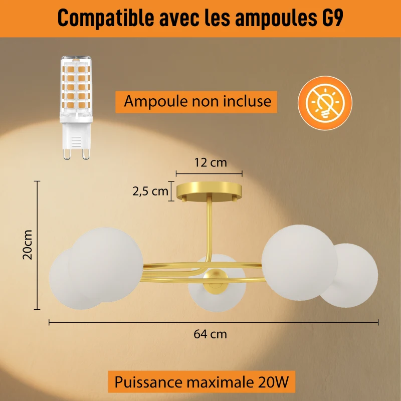 HOMCOM Plafonnier lustre moderne, luminaire plafonnier à 5 lumières avec culot G9, montage semi-affleurant, doré et blanc