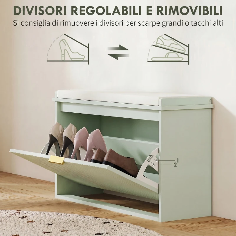 HOMCOM Banco Zapatero con Asiento Acolchado Cajón Abatible Estante Ajustable para Entrada Dormitorio 80x26x47,5 cm Verde Claro