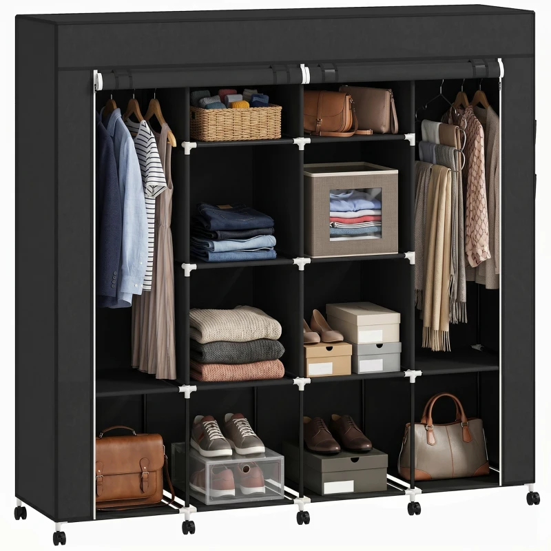 HOMCOM Armoire penderie en tissu, meuble de rangement mobile 10 roulettes avec 10 compartiments, barres de suspension, noir