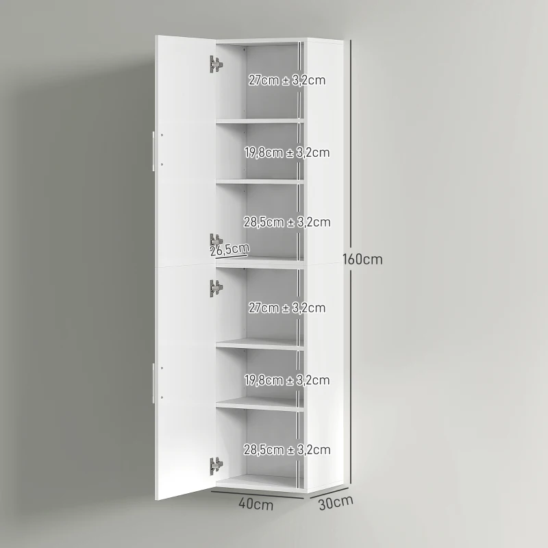 HOMCOM Columna de Baño de Pared con Estantes Ajustables y 2 Puertas Mueble de Baño Moderno 40x30x160 cm Blanco