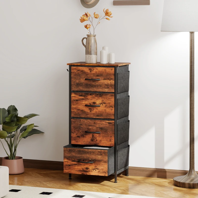 HOMCOM Kommode 4 Stoffschubladen, Aufbewahrungsmöbel mit 4 Taschen, 2 Haken, Stahlrahmen, 45 x 30 x 94,5 cm, braun