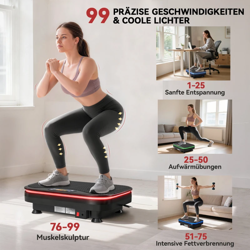 SPORTNOW Vibratieplaat voor fitnessoefeningen, Bluetooth-functie, afstandsbediening, 99 snelheidsstanden, kunststof, staal, zwart