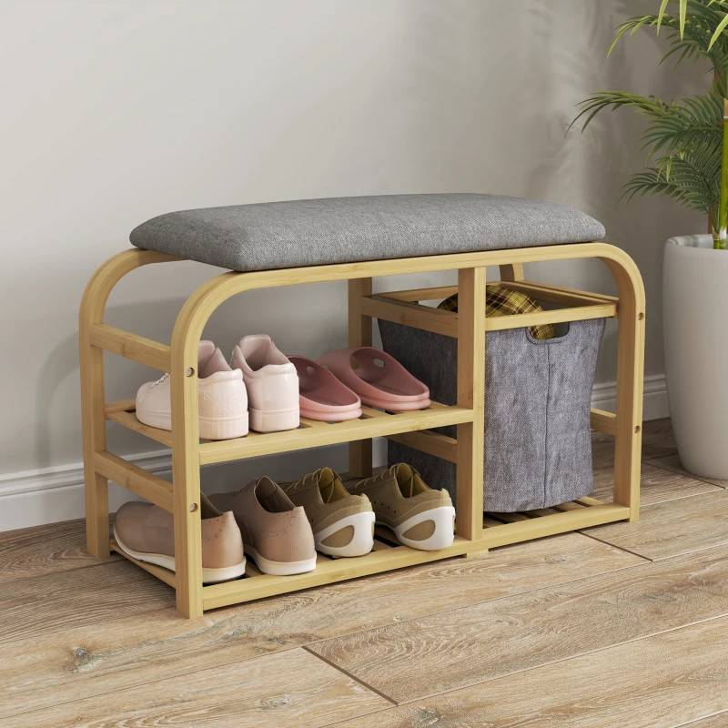 HOMCOM Banco para sapatos com almofada de assento, 2 prateleiras de ripas e cesto de tecido deslizante, 70x30x45cm, madeira natural