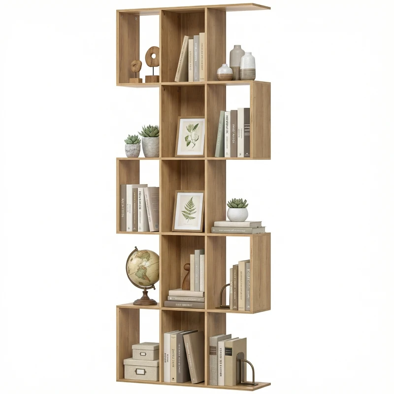 HOMCOM Bibliothèque à 5 niveaux, étagère de rangement en forme S avec 15 compartiments ouverts, 80 x 24 x 200 cm, chêne