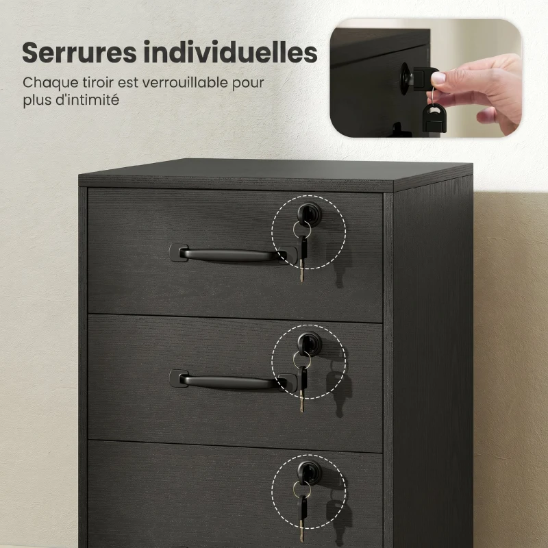 HOMCOM Caisson de Bureau Mobile avec 3 Tiroirs Verrouillables, Caisson de Rangement sur Roulettes, 40 x 40 x 69,5 cm, Noir