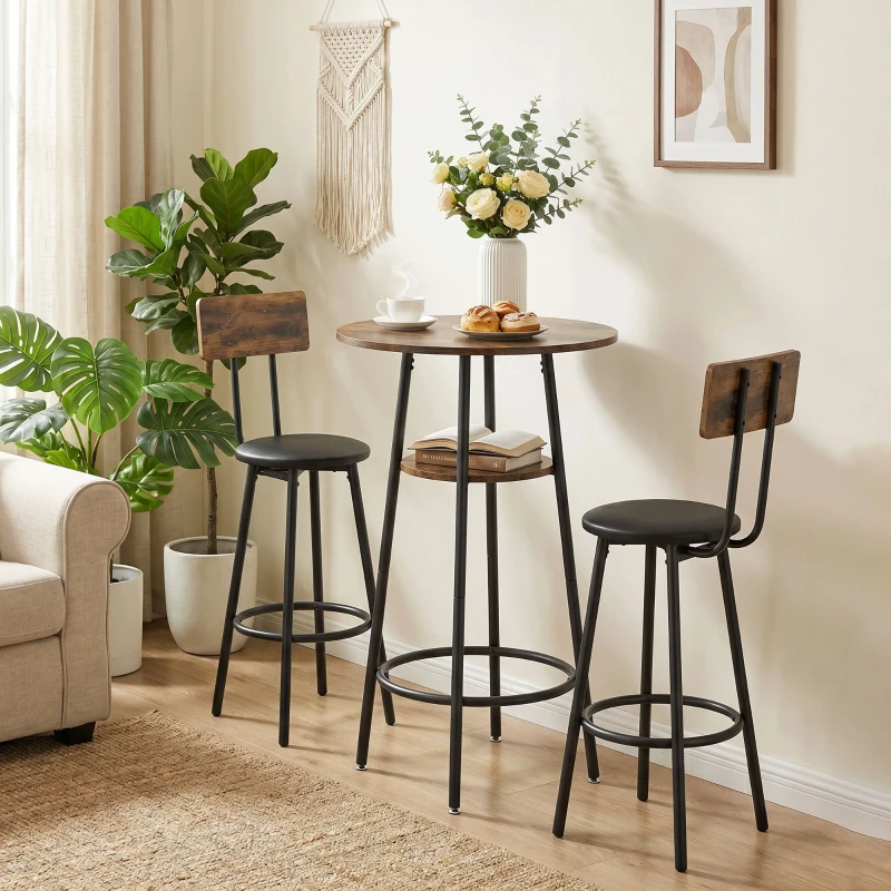 HOMCOM Ensemble table de bar industriel avec 2 tabourets rembourrés, repose-pieds, cadre métallique, table de cuisine avec étagère, brun rustique