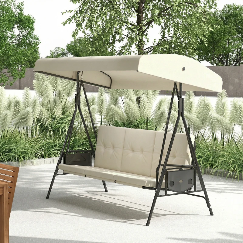 Outsunny Balancelle de jardin 3 places grand confort inclinaison toit réglable, 2 tablettes latérales, coussins, acier polyester