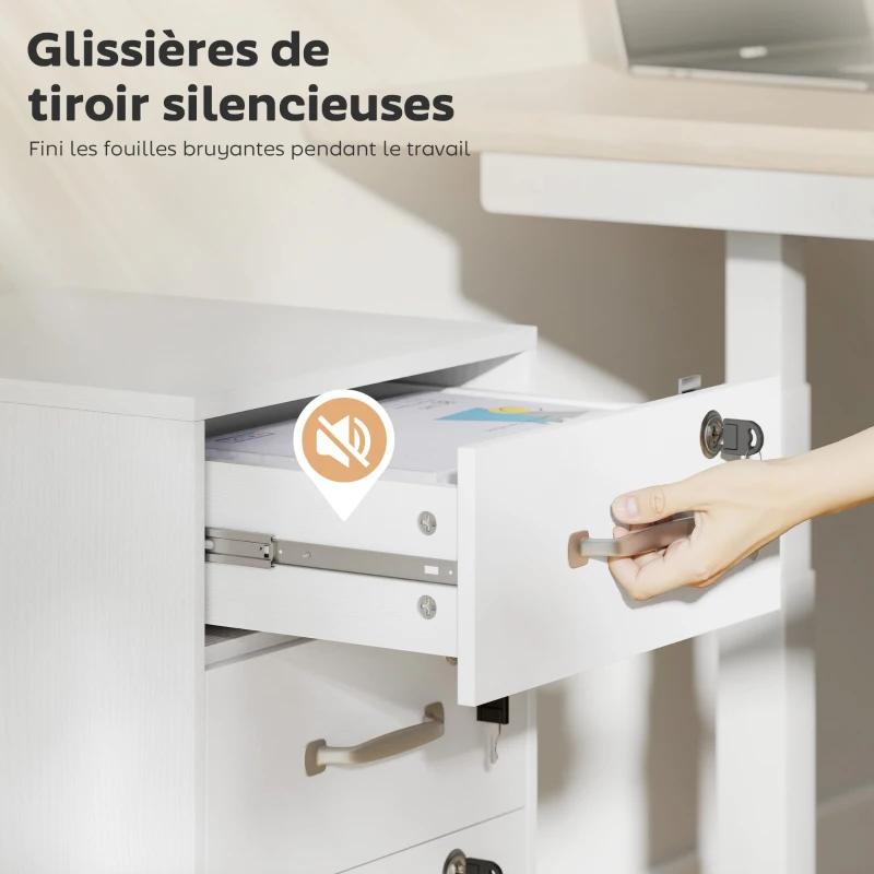 HOMCOM Caisson de Bureau Mobile avec 3 Tiroirs Verrouillables, Caisson de Rangement sur Roulettes, 40 x 40 x 69,5 cm, Blanc