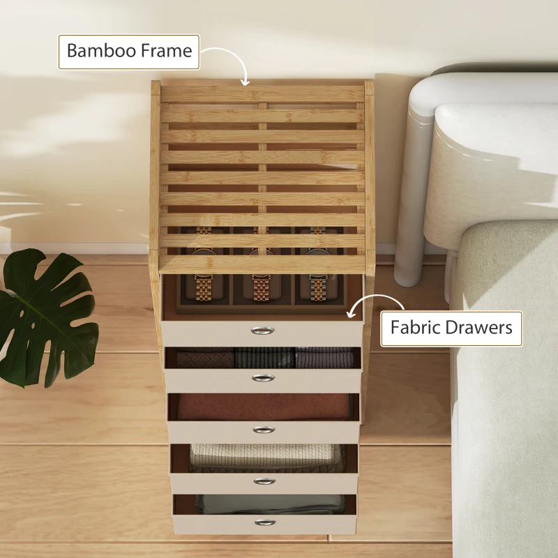 HOMCOM Chest of Drawers, 5 Fabric Drawers Narrow Dresser with Bamboo Frame, Cream White