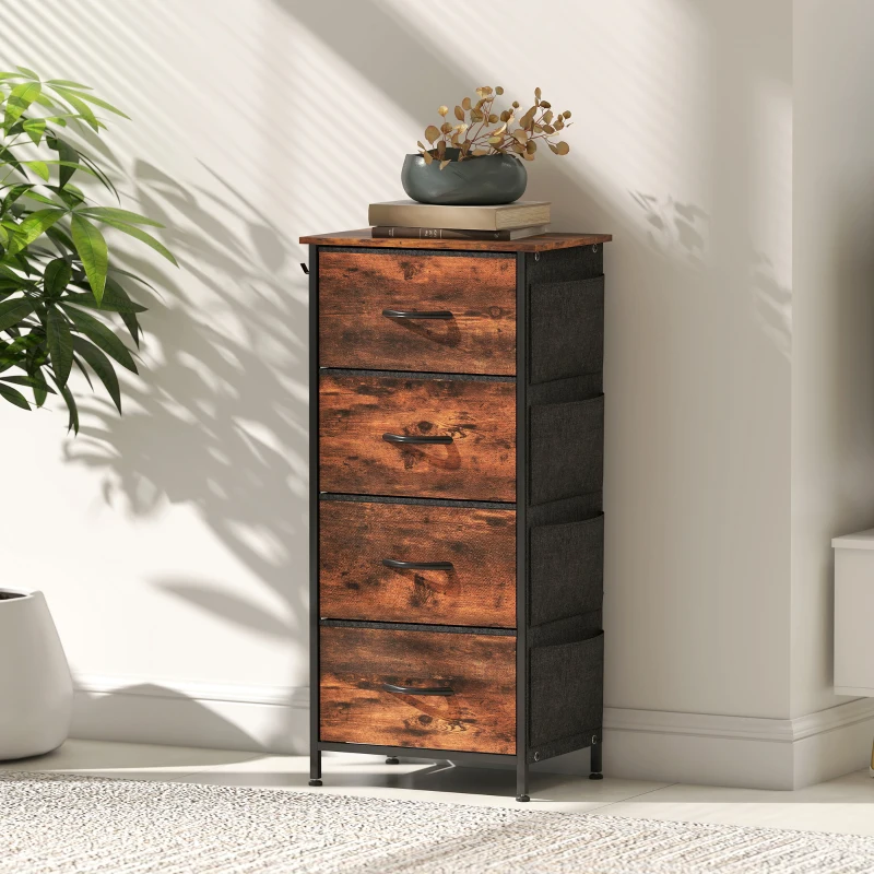 HOMCOM Kommode 4 Stoffschubladen, Aufbewahrungsmöbel mit 4 Taschen, 2 Haken, Stahlrahmen, 45 x 30 x 94,5 cm, braun