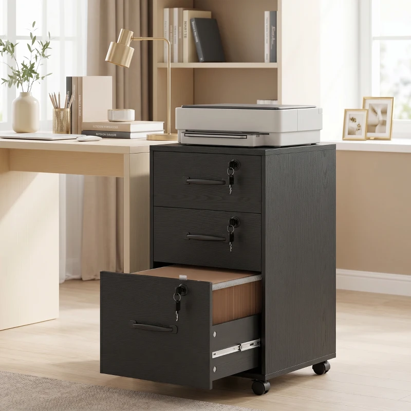 HOMCOM Caisson de Bureau Mobile avec 3 Tiroirs Verrouillables, Caisson de Rangement sur Roulettes, 40 x 40 x 69,5 cm, Noir