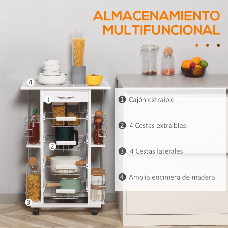 HOMCOM Carrito de Cocina con Ruedas Carrito Verdulero con Cajón Cestas y Estantes Laterales 57x37x83cm Blanco