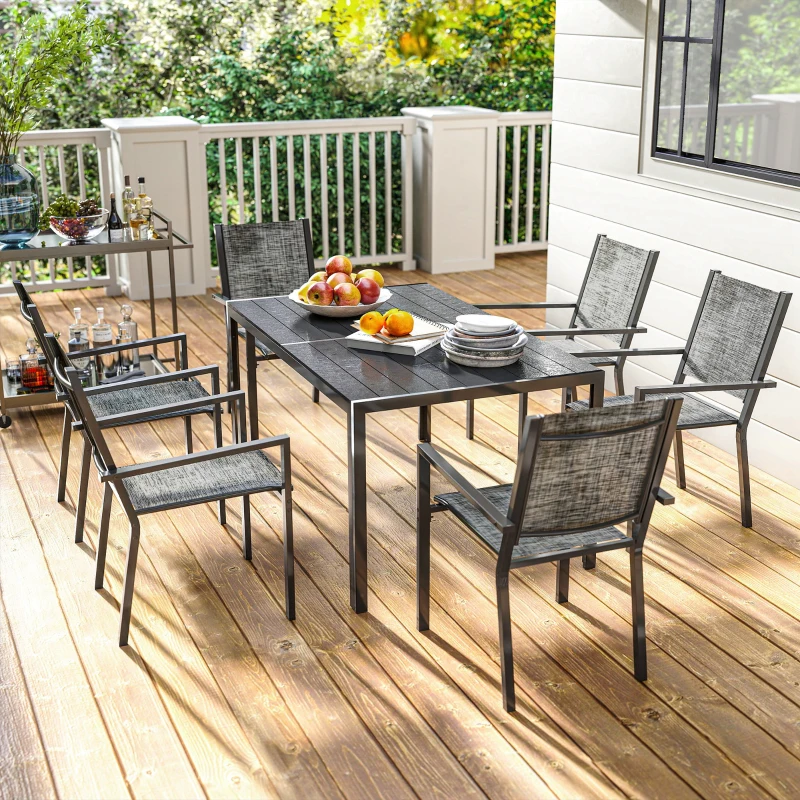 Outsunny Mesa de jardim exterior com 6 cadeiras empilháveis, tampo em ripas 150 cm, estrutura em aço anti-ferrugem, preto