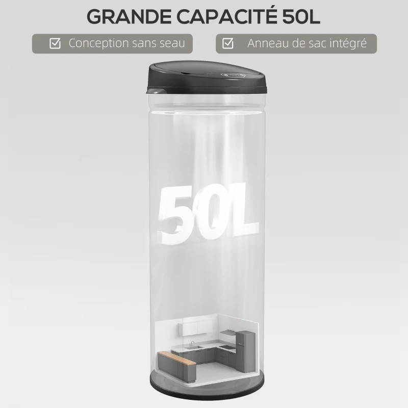 HOMCOM Poubelle cuisine automatique 50L acier inoxydable, poubelle à couvercle à fermeture en douceur, 30,5x30,5x85cm, argent