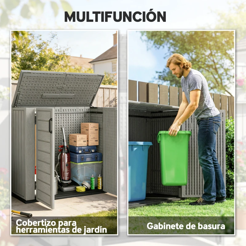 Outsunny Cobertizo de Jardín de HDPE 940L con Tapa Abatible 2 Puertas Cerradura Cobertizo de Jardín 142x67x119 cm Gris Claro