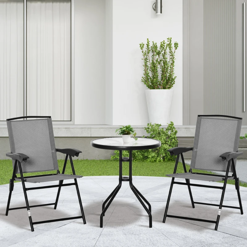 Outsunny Conjunto de jardim 3 peças 2 cadeiras reclináveis multi-posições dobráveis mesa redonda vidro temperado metal textilene cinza