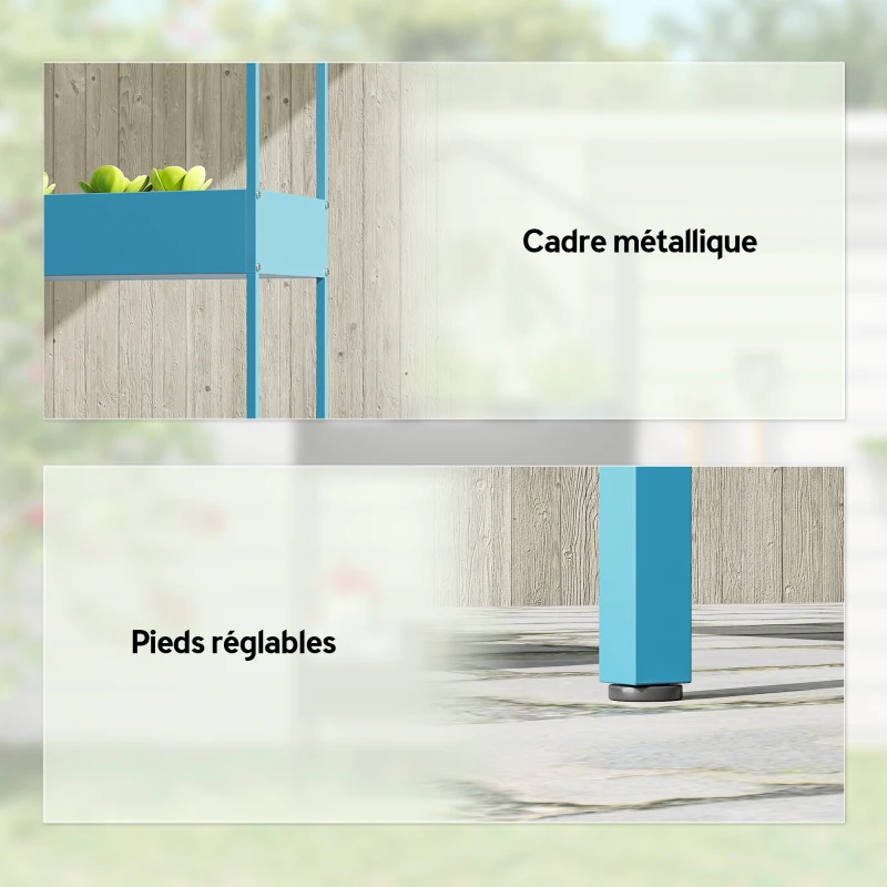 Outsunny Étagère à Plantes 2 Niveaux, Support de Plantes en Métal avec Crochet, Porte-Pots en Forme de Maison, Bleu-Vert