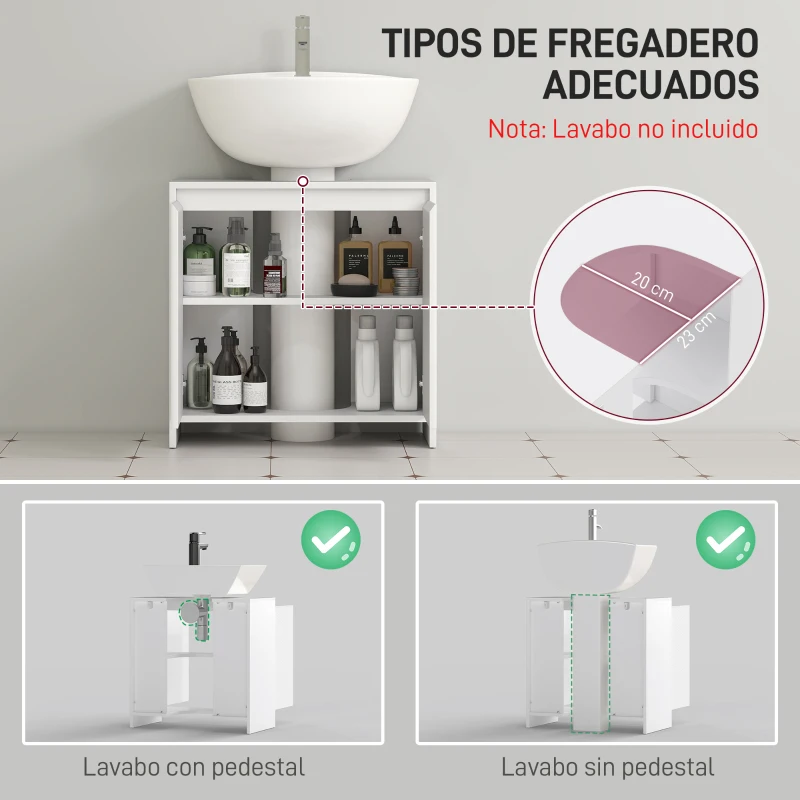HOMCOM Mueble para Debajo del Lavabo Moderno con Estante Mueble Lavabo con Pie Anti-vuelco Carga 40 kg 60x30x60 cm Blanco