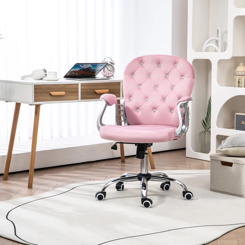 Vinsetto Silla de Escritorio de Terciopelo con Altura Ajustable Reposabrazos y Decoraciones de Diamantes 59,5x60,5x93-103 cm Rosa