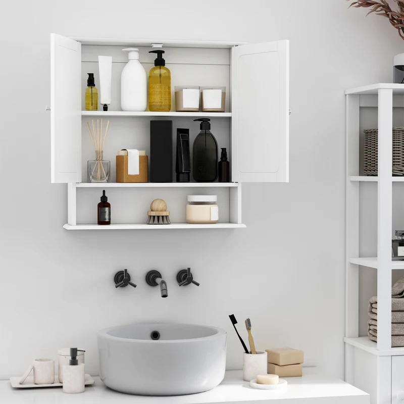 kleankin Armario de Baño con Espejo, Armario de Pared con 2 Puertas, Estante Abierto, Estante Ajustable, Mueble de Baño Colgar para Cocina, Salón, 56x13x58 cm, Blanco