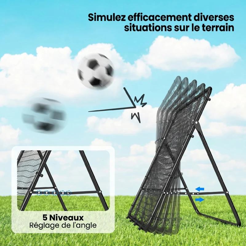 SPORTNOW Filet de Rebond Pliable Réglable à 5 Angles avec 24 Cordes Élastiques Filet pour Football, Acier, 120x73x112cm, Noir