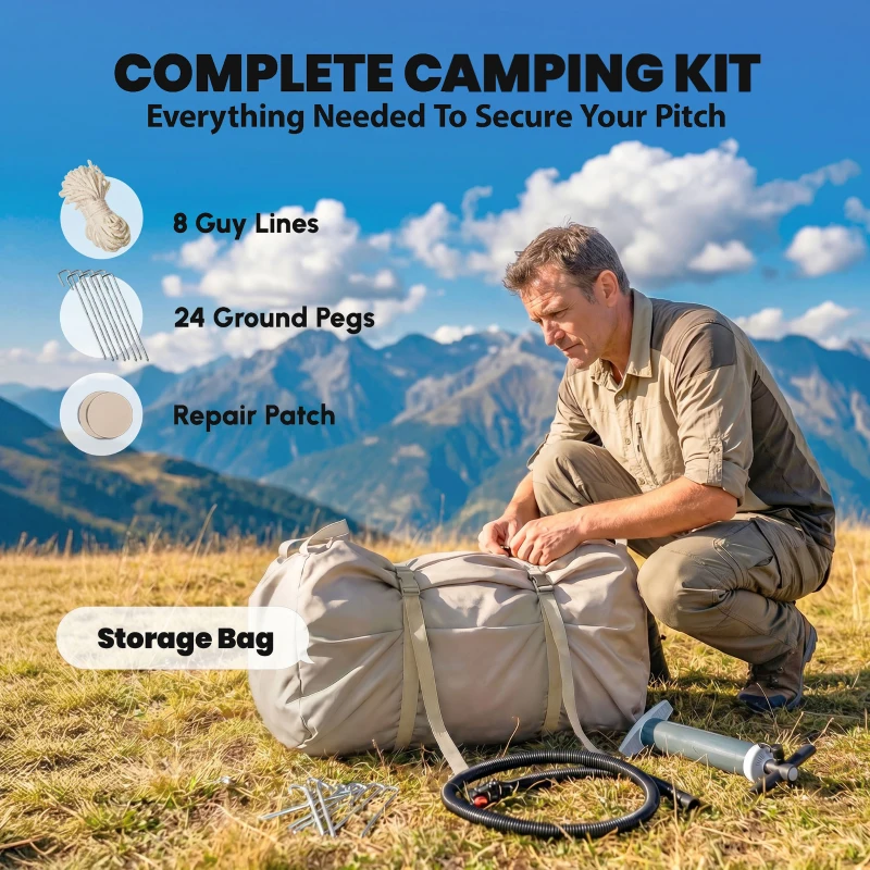 Outsunny Inflatable Camping Tent, 4 Season Hot Tent 10000mm Waterproof with Chimney Opening, Sky Light and Air Pump, Khaki