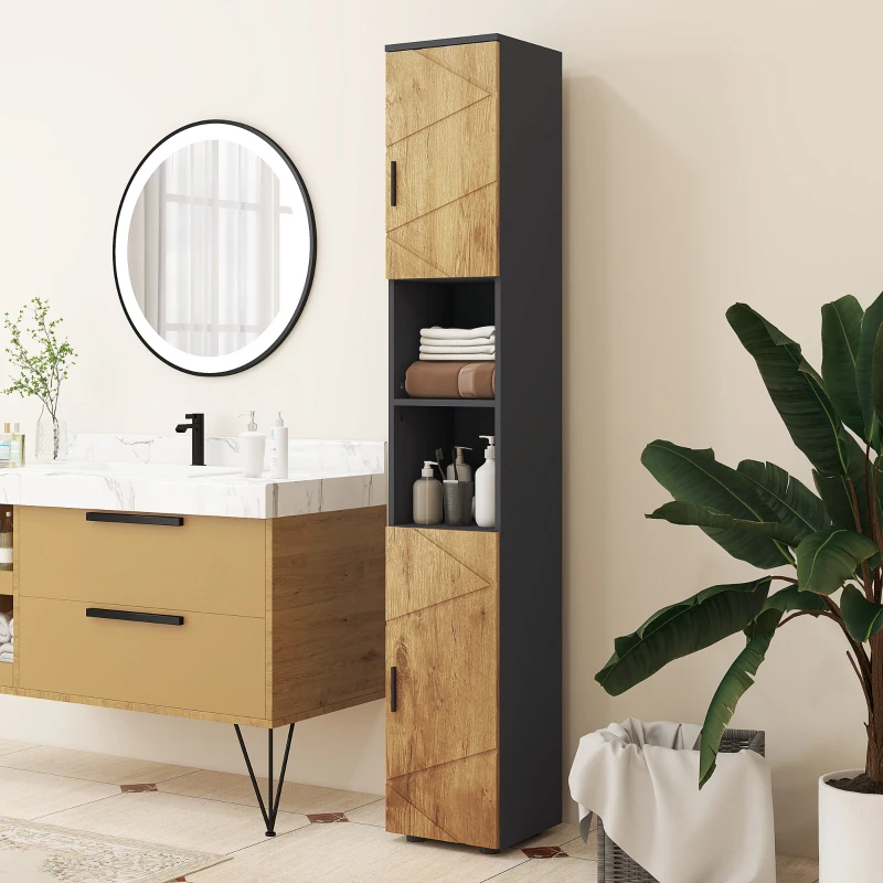 kleankin Meuble colonne armoire rangement salle de bain 2 portes étagère réglable 2 niches 30 x 30 x 183 cm chêne gris foncé