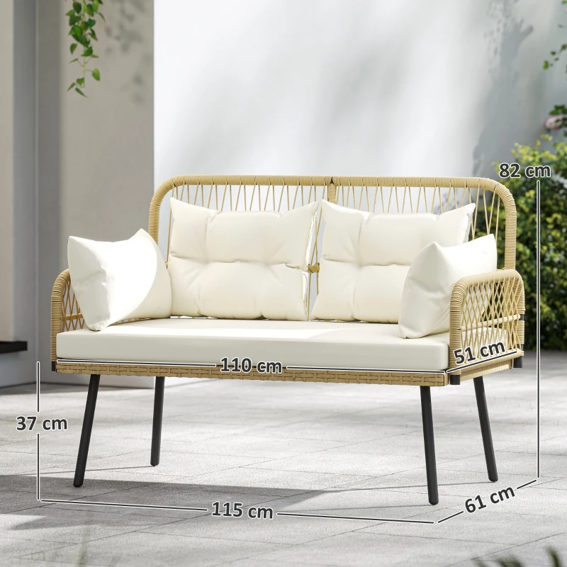 Outsunny Canapé de jardin avec coussins et oreillers 2 places en résine tressée, canapé d'extérieur avec accoudoirs bois naturel