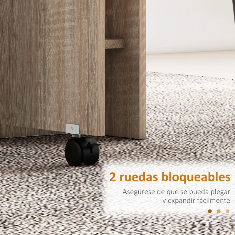 HOMCOM Mesa Plegable con 2 Alas Abatibles de Madera 2 Estantes y Ruedas para Cocina Comedor 75x140x74 cm Madera Natural