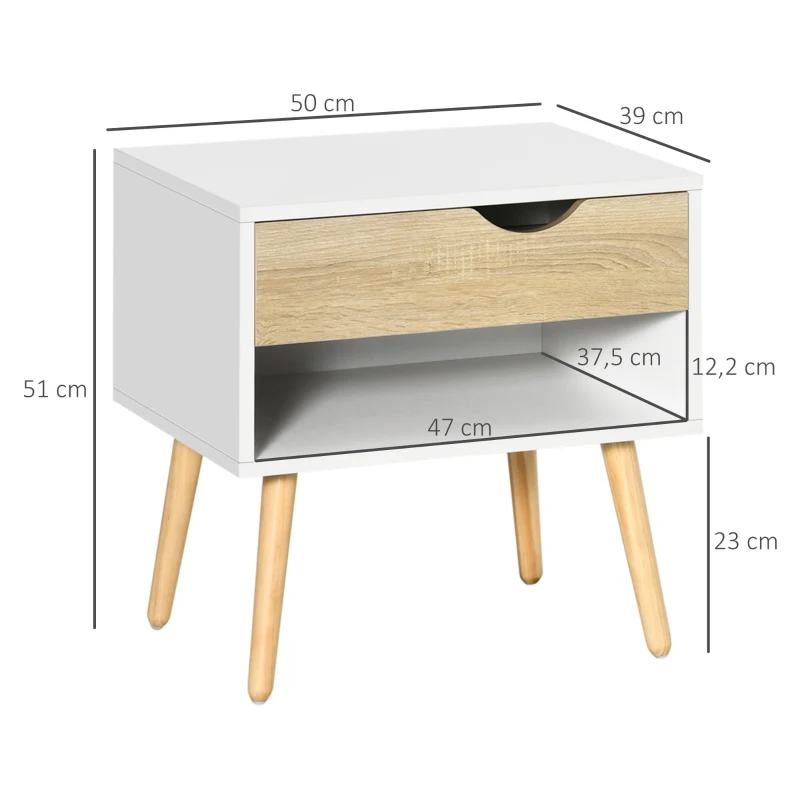 HOMCOM Set de 2 Mesitas de Noche Mesa Auxiliar Mesillas de Noche con Cajón y Estante de Almacenamiento para Dormitorio Salón Cama Oficina Estilo Moderno 50x39x51 cm Blanco y Roble